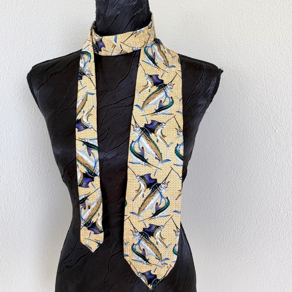 Vintage Guy Harvey Marlin Sailfish Nautical Silk Necktie Men OS Yellow